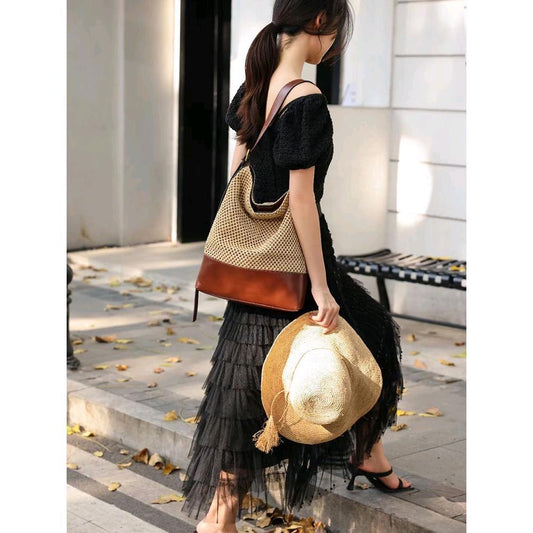 Straw and Leather Bucket Bag
